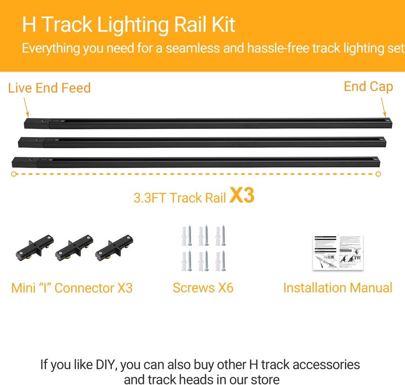 VANoopee H Track Lighting Rails Kit, 10FT H Type Track Rails Black with End Caps and Live End Feed Connector, Compatible with Single Circuit 120V H Style Track System - Image 2